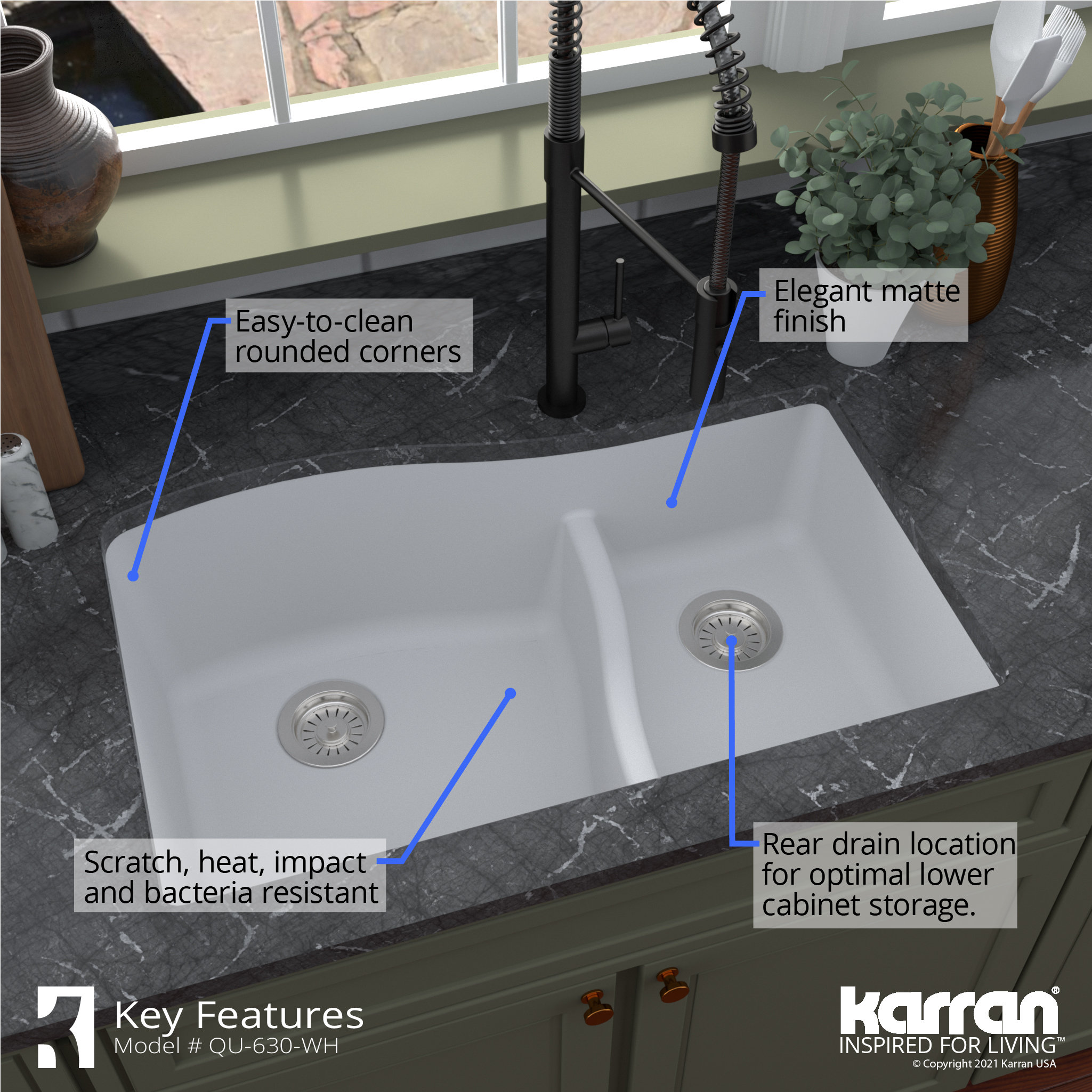 Karran Undermount Quartz 32" 60/40 Double Bowl Kitchen Sink, White