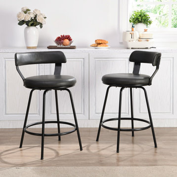 Industrial Metal and Leather Low Back, 2-Piece,and 4 Leg Bar Counter Stools, Gray, 24"
