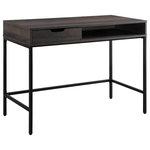 OSP Home Furnishings - Contempo 40" Desk With Drawer and Shelf, Brown Wood Grain Finish - The Contempo Desk offers a generous 40" x 19" work surface ideal for your busy home office. The refined lines of the sturdy steel frame will be the stylish focal point in your room. Key storage options of both a desktop drawer, and under the desktop stow-away shelf helps keep everything tidy and organized. Available in White laminate with white metal frame, or brown woodgrain laminate with black metal frame. Assembly is required.