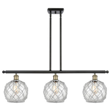 Farmhouse 3-Light Island-Light, Black Antique Brass, Clear Glass With White Rope