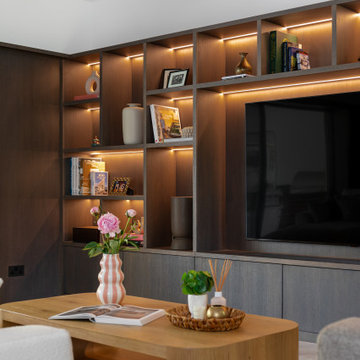 Bespoke fitted media wall for living room in Sutton, Surrey