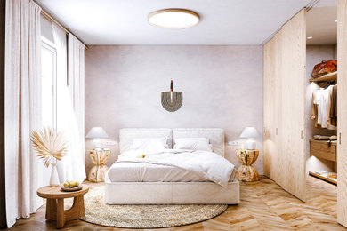 Modelo de dormitorio principal, blanco y blanco y madera de tamaño medio con paredes grises y suelo de madera clara