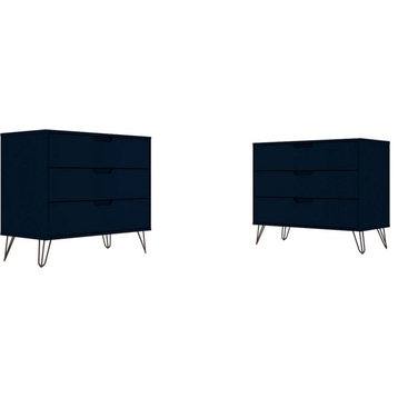 Manhattan Comfort Rockefeller 3-Drawer Wood Dresser in Blue (Set of 2)