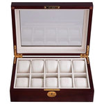 Yescom - 10 -Slot Wood Watch Display Case, Cherry - Features:Elegant Appearance - This 11"x8"x3" Watch Display Case features ebony grain exterior with all metal parts in sleek golden finish which is smooth to the touch, along with a plush interior to highlight the owner's noble status and distinct sense of fashion, ideal for personal use and home decoration, a wonderful gift for watch collectors and watch loversLarge Storage - Comes with 10 large compartments for storing, protecting and displaying your beloved watches, ideal for large-faced watches, watches with small bands, and various other styles of men's and women's watchesClear Glass Window - Clear glass lid keeps your watches clean and free from dust while proudly being on display, whereas the watch polish cloth makes it easy for you to clean and maintain your watches regularly, ensuring their pristine conditionRemovable Soft Pillows - Comes with removable soft pillows inside the case for added flexibility and anti-scratch protection to fit watches of different shapes and sizes, also easily removable for storing alternatives like bracelets, earrings and necklacesSecurity Lock - Comes with a golden-finished lock with tasselled key for increased security, making it perfect for shop displays and exhibition events besides personal use and home decoration