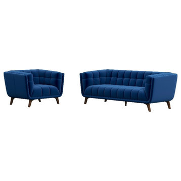 Kelvin Mid-Century Pillow Back Velvet Sofa and Lounge Chair Set in Blue