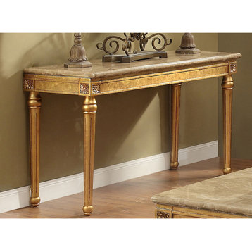 Benzara BM185786 Marble Top Sofa Table With Fluted Detail Turned Legs, Gold