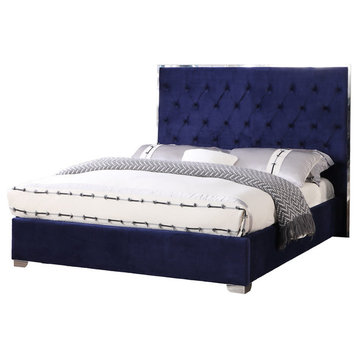 Kressa Velour Upholstered Platform Tufted Bed, Blue, Queen