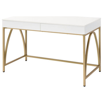 Contemporary Desk, Golden Base With Curved Detail & Elegant High Gloss White Top