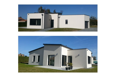 Diseño de fachada de casa actual de una planta con tejado plano