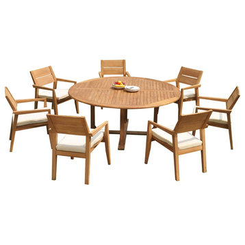 8-Piece Outdoor Teak Dining Set: 72" Round Table, 7 Celo Stacking Arm Chairs