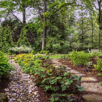 Steppers through garden alongside dry stream bed