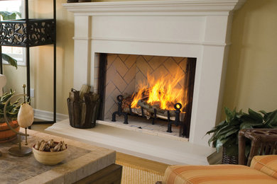 Living room - traditional living room idea in Orange County with a standard fireplace and a wood fireplace surround