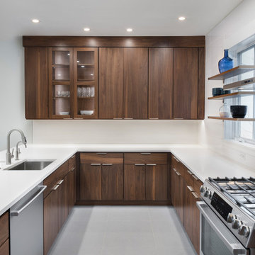 Warm Modern Walnut Kitchen Remodel | Sleek White Quartz & Open Shelving Design