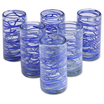 Novica Sapphire Swirl Blown Glass High Ball Glasses, Set of 6