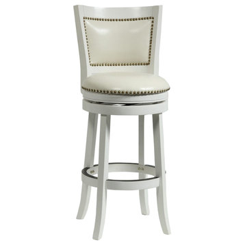 Nailhead Trim Round Leatherette Barstool with Flared Legs, White
