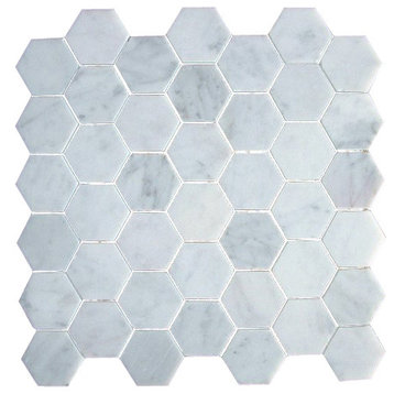 2 Inch Bianco Carrera White Marble Hexagon Mosaic Tile Honed