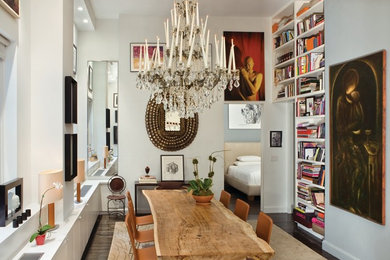 Enclosed dining room - mid-sized contemporary dark wood floor and brown floor enclosed dining room idea in New York with blue walls and no fireplace