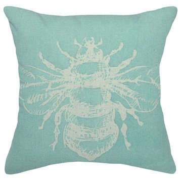 Bumble Bee Printed Linen Pillow With Feather-Down Insert, Aqua