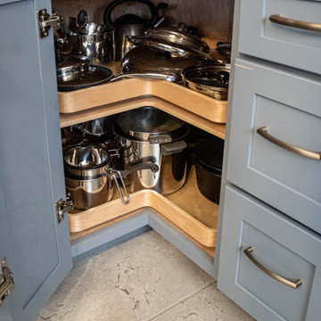 Two Tone Medallion White and Blue Kitchen with Gray Backsplash