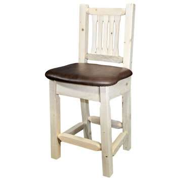 Homestead Bar Stool With Back, Saddle Upholstery, Clear Lacquer Finish