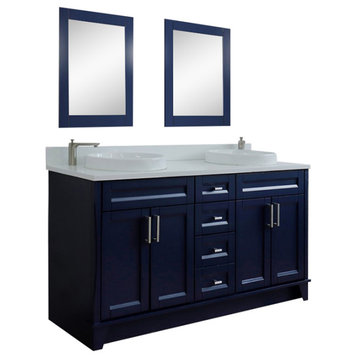 61" Double Sink Vanity, Blue Finish And White Quartz And Round Sink