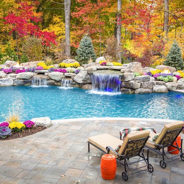 Freeform swimming pool with a raised spa and grotto, Mahwah, NJ