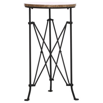Modern Metal End Table With Wood Top, Black and Tan