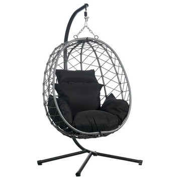 Leisuremod Summit Outdoor Egg Swing Chair in Gray Steel Frame, Black