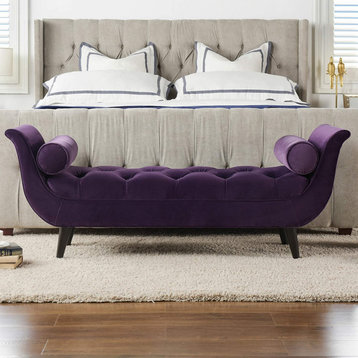 Elegant Upholstered Bench, Tufted Fabric Seat and Flared Arms, Purple