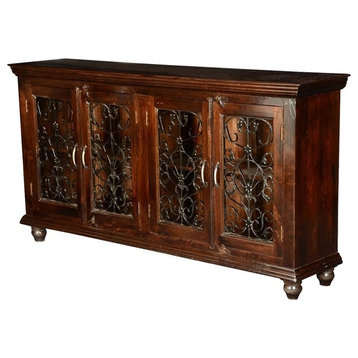 Italian Classic Mango Wood Iron Grille Door Large Buffet Cabinet