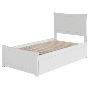 Twin Platform Bed, Hardwood Frame With Slat Support and 2 Drawers, White