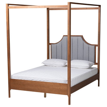 Dakota Light Grey Fabric and Ash Walnut Wood Queen Size Platform Canopy Bed