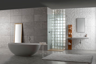 Design ideas for a contemporary master bathroom in Milwaukee with a freestanding tub.