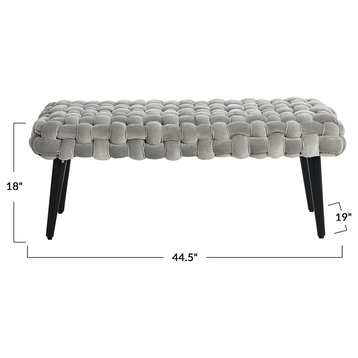 Modern Upholstered Bench, Black Legs and Unique Woven Velvet Seat, Gray