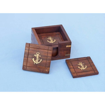 Wooden Anchor Coasters With Rosewood Holders, Set of 6, 3"