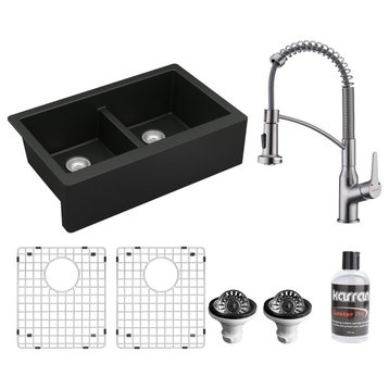 Karran All, One Farmhouse Quartz 34-in Double Bowl Sink, Black With Faucet