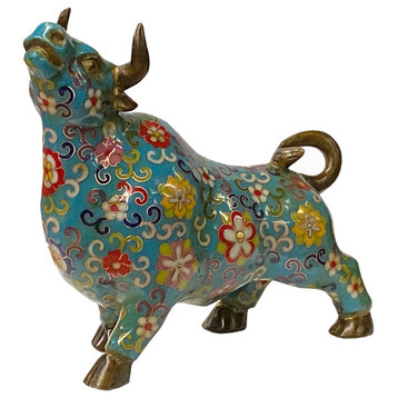 Oriental Metal Turquoise Blue Enamel Cloisonné Ox Bull Cow Figures Hws1908