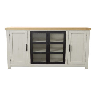 Two Toned TV Stand With Glass Doors Farmhouse Entertainment