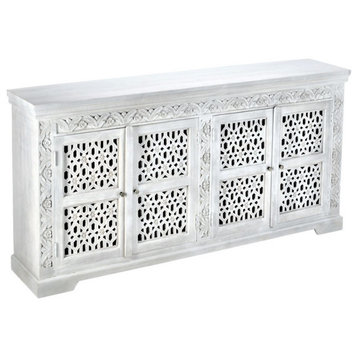 80" White Wash Bohemian Lace 4 Door Hand Carved Sideboard Buffet