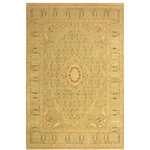 Bareens Designer Rugs - Antique Vegetable Dyed Tajdar Taupe/Green Wool Rug - 9'0'' x 11'6'' - Designed with mesmerizing intricacy and gorgeous color palette, this hand-knotted masterpiece demonstrates the beauty and electrifying thrill of Pak Persian art. These meticulously hand-knotted Pak-Persian rug is made with pure wool and features breathtaking traditional, transitional, and tribal designs in bold luxurious color pallets. Known for their intricate designs these rugs are a reproduction of Persian rugs, made in Pakistan with unique Mughal designs. Made by master weavers using the same Persian texture, design and dying technique, we wanted to produce the most significant manifestation of Persian art, life, and culture. This rug is most famous for its exceptional quality, incredible designs, patterns, and vibrant rich color. Pak-Persian rugs made with Persian weave with high knot counts, which enables the high intricacy and detail found in the patterns are also referred to as "State of art", each color adds a rich beautiful detail in the artwork of this rug. The design, color, and beautiful chromatic composition with a vibrant sheen with intricate designs, exude beauty, elegance, and quality make this rug a masterpiece of its own.