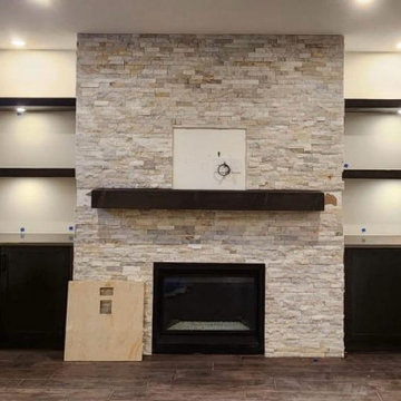 Basement Feature Wall with LED Shelf Lighting & Hidden TV Wiring – Calgary & Edm