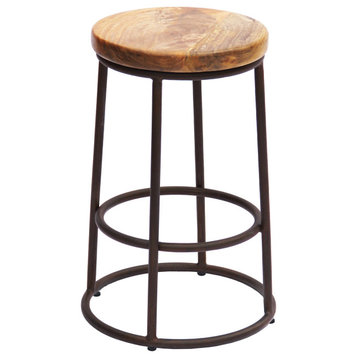 24" Mango Wood Counter Height Barstool With Iron Base, Brown And Black