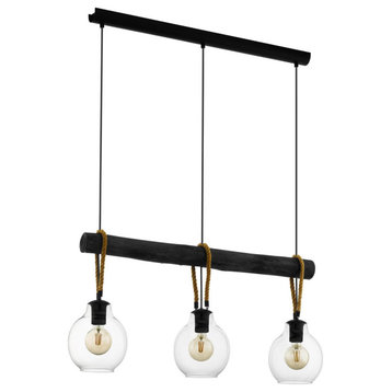 Rodding, 3 Light Linear Pendant, Structured Black, Brown Roping/Clear Glass