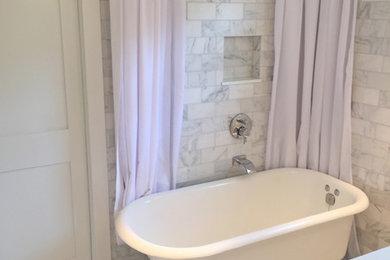 Small transitional white tile and stone tile ceramic tile bathroom photo in Boston with flat-panel cabinets and white cabinets
