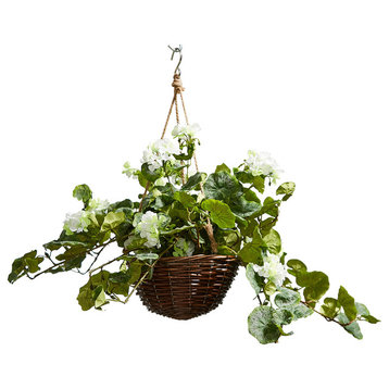 Pure Garden Faux Flower Arrangement With Hanger Basket, White