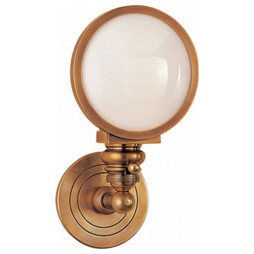 Head Light Wall Sconce, 1-Light Hand-Rubbed Antique Brass, White Glass, 11.5"H