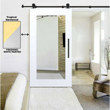 Mirrored Sliding Barn Door with White Primed Without Hardware, 1x Mirror, 26"x84