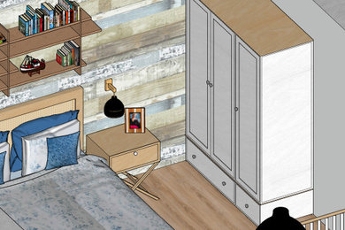 Photo of a small nautical mezzanine bedroom in London with a wood ceiling, multi-coloured walls, laminate floors, brown floors and wallpapered walls.