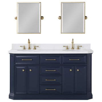 Palace 60" Double Sink White Quartz Countertop With Mirror, Blue