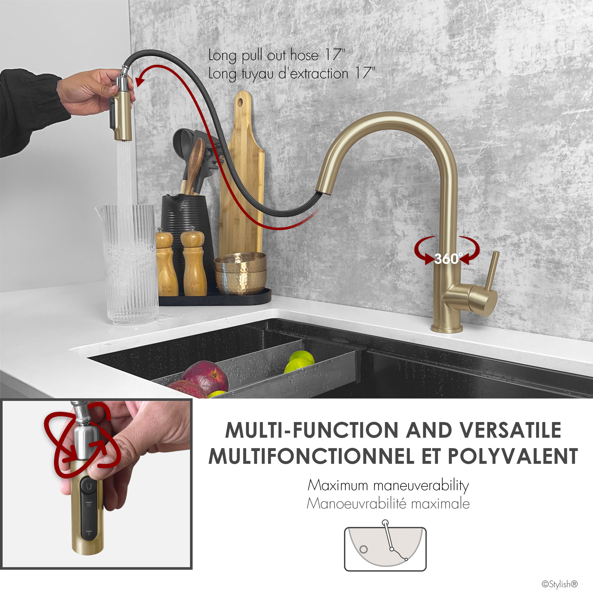 Single Handle Pull Down Kitchen Faucet With Reversible Osmosis, Brushed Gold